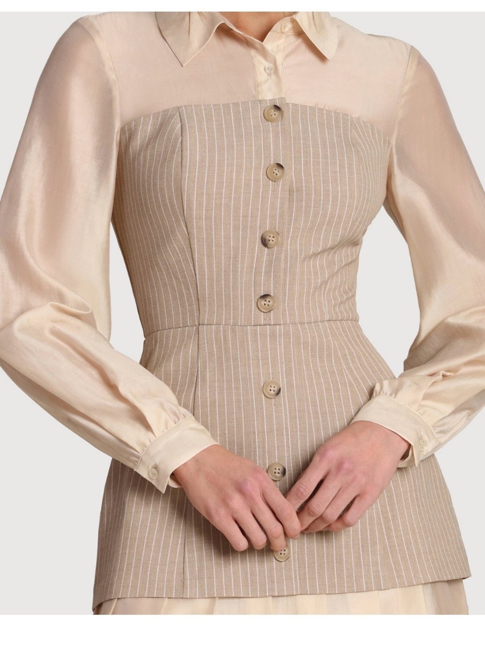 NWT AVEC LES FILLES Women's Pinstripe Organza Mixed Media Shirtdress - Picture 5 of 9